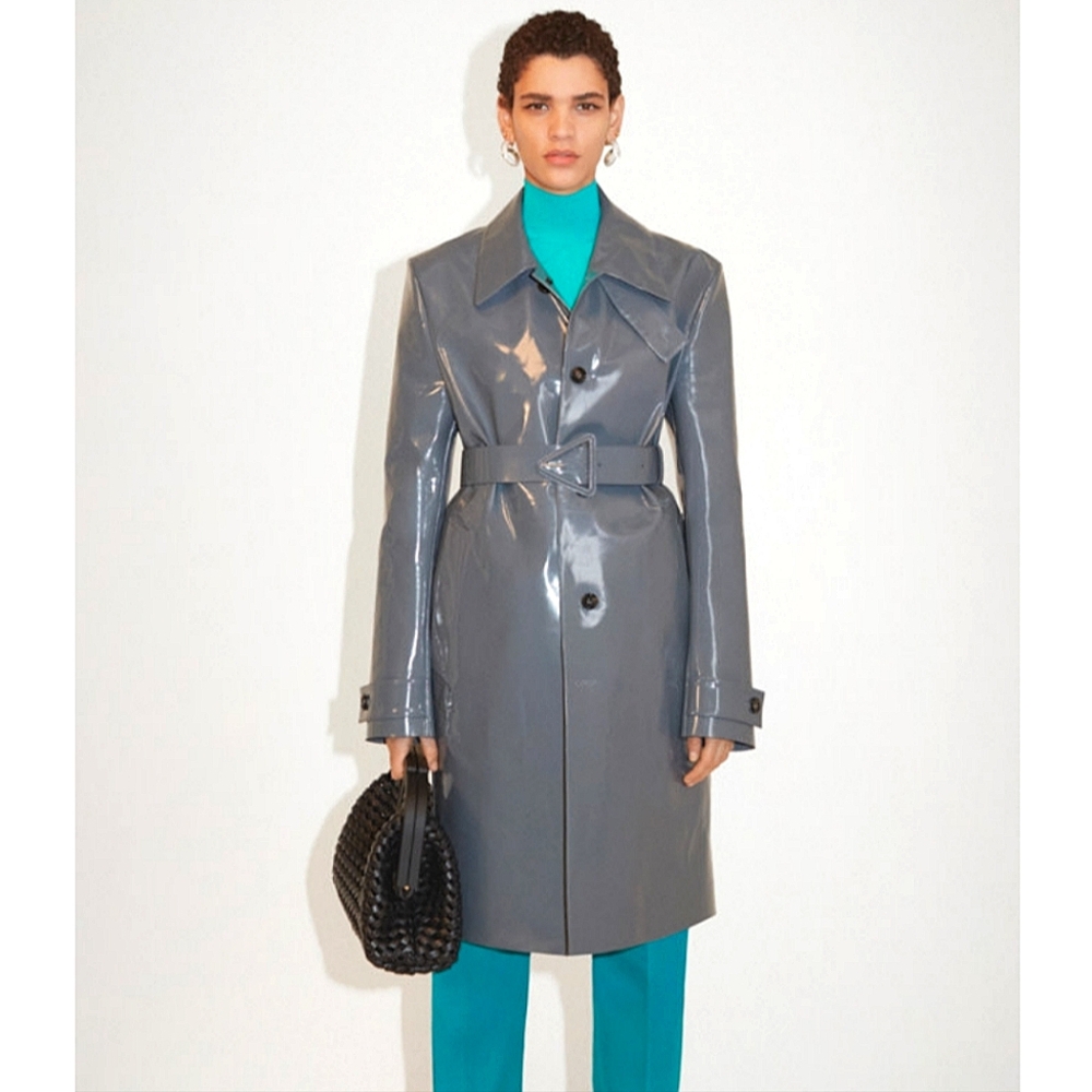 NEW BOTTEGA VENETA High Waisted Shine Triangle Leather Gray Trench Belt Sz Small - Picture 3 of 16